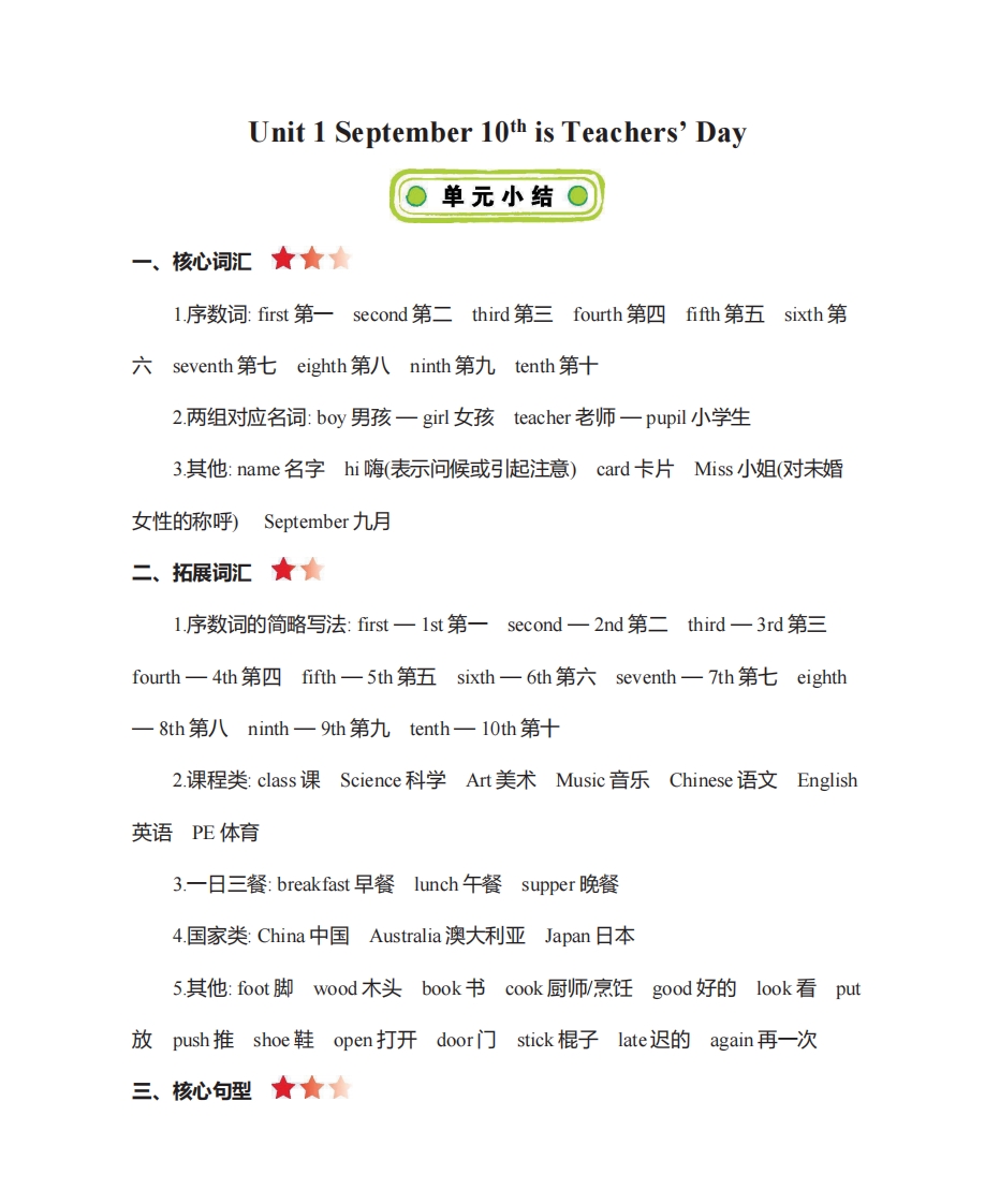 [小学英语]三年级上册英语北京课改版知识要点