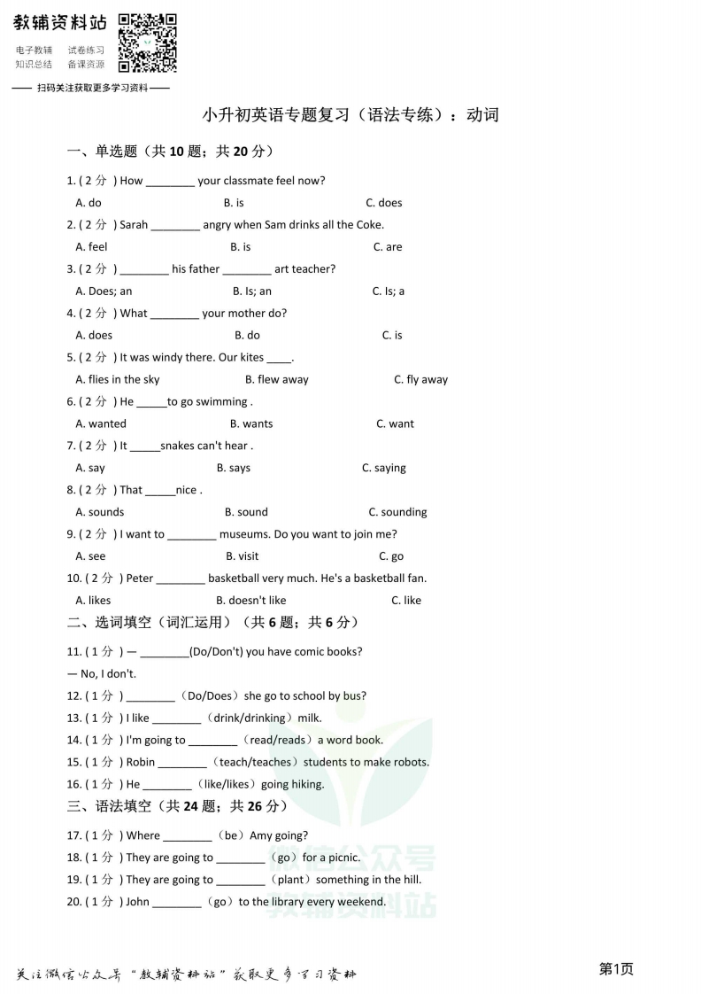 [小升初考试]小升初英语复习专题（语法专练）：动词