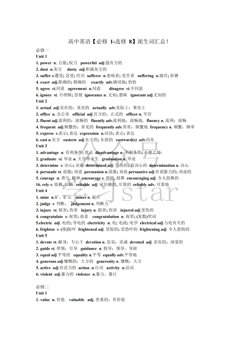 [高中英语]【派生词】高中英语必修1-选修8派生词汇总！