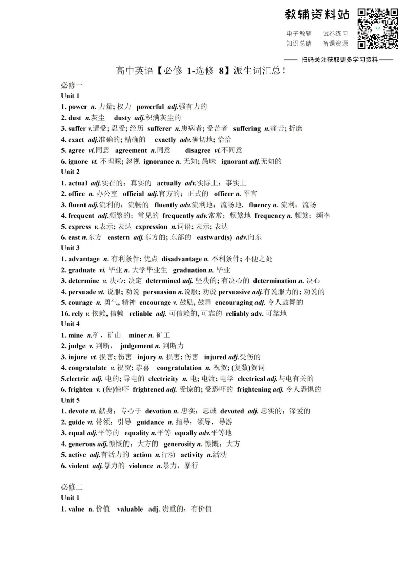 [高中英语]【派生词】高中英语必修1-选修8派生词汇总！