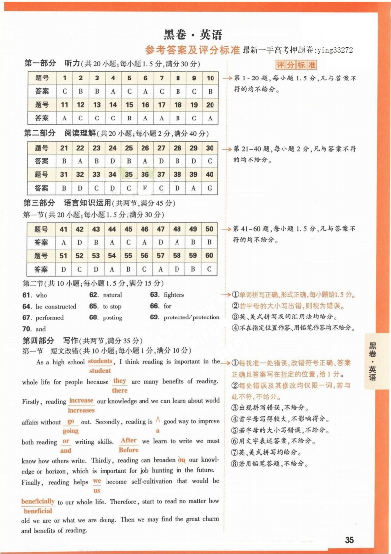 [高中英语]【23押题卷丨黑白卷丨老高考】英语黑卷+白卷答案解析