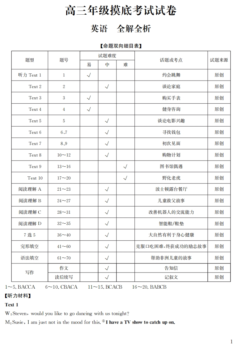 [高中英语]高三英语答案