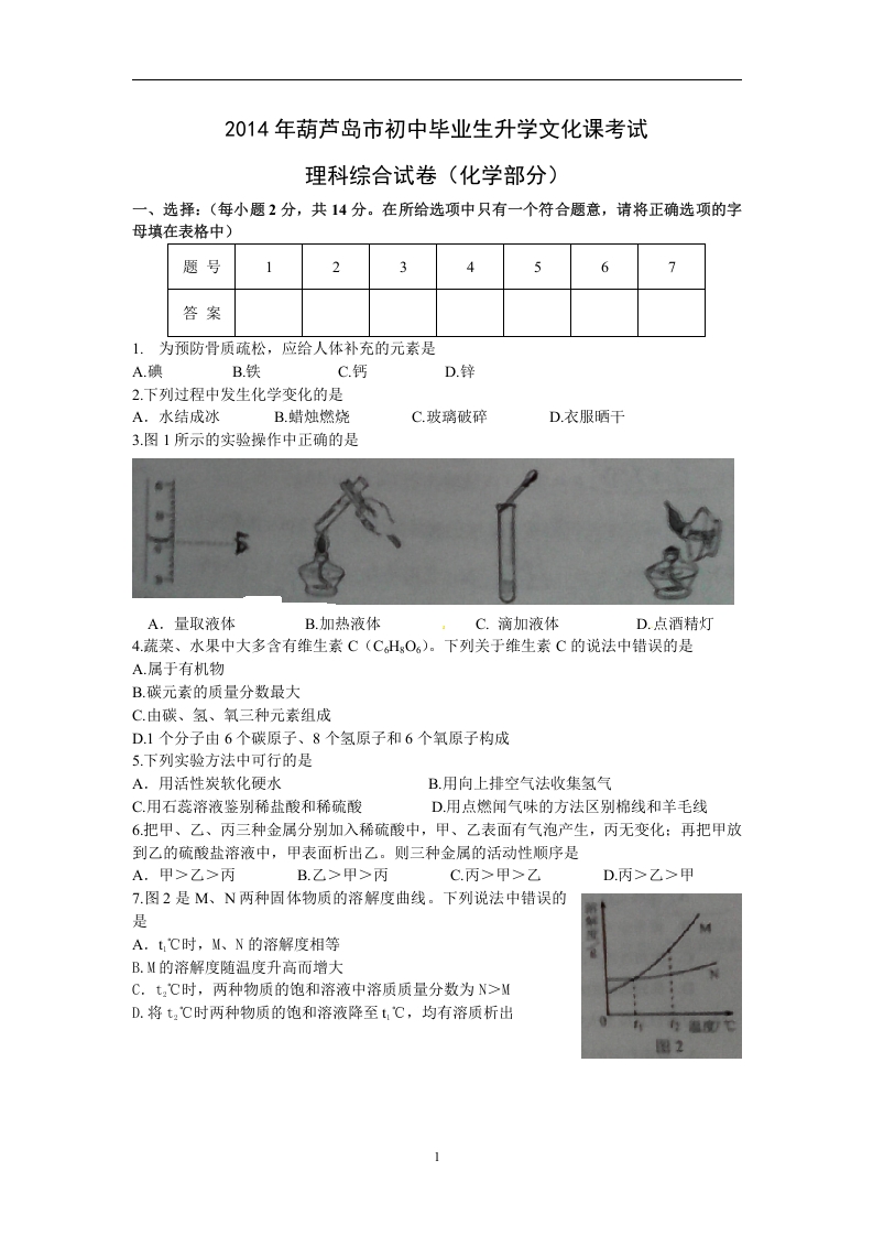 [中考化学]辽宁省葫芦岛市2014年中考理综（化学部分）试题（含答案）