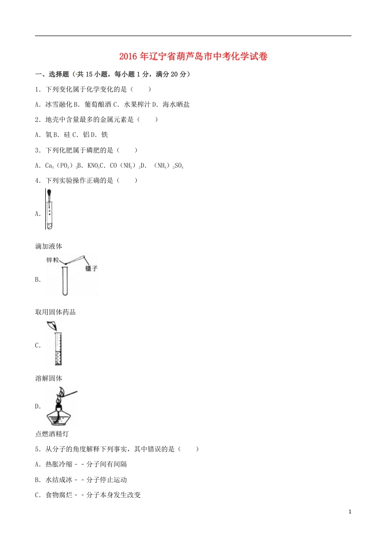 [中考化学]辽宁省葫芦岛市2016年中考化学真题试题（含解析）