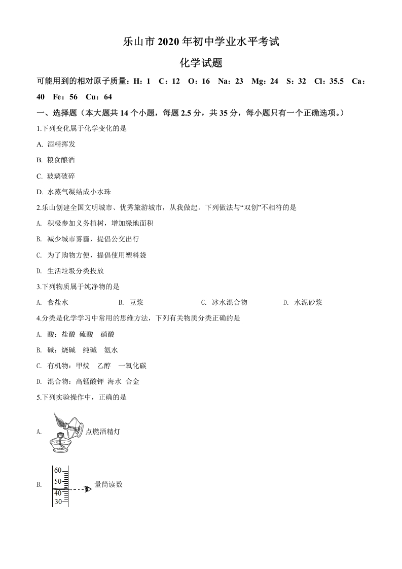 [中考化学]四川省乐山市2020年中考化学试题