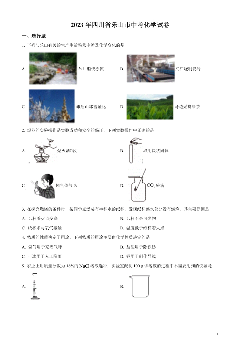 [中考化学]精品解析：2023年四川省乐山市中考化学真题（原卷版）