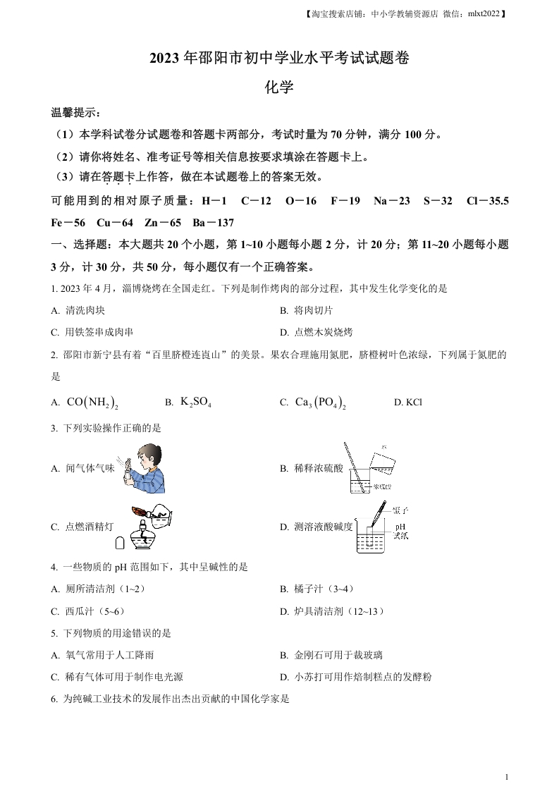 [中考化学]精品解析：2023年湖南省邵阳市中考化学真题（原卷版）