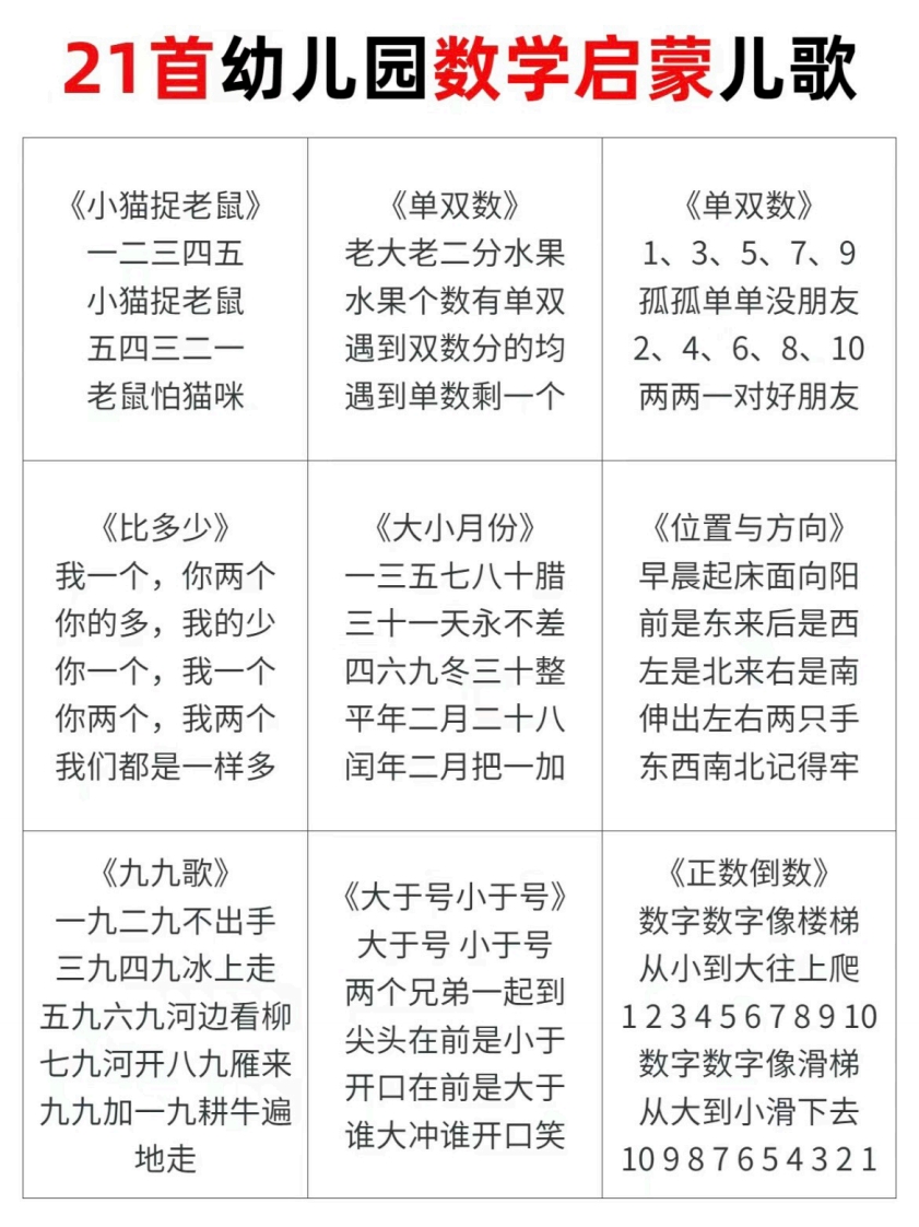 [幼小数学]21首数学启蒙儿歌